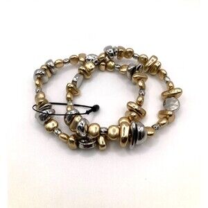 Boho Flintstone Style Silver & Gold Tone Beaded Stretch Bracelet Set Size 7